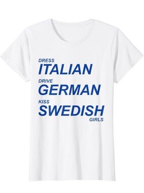 White Graphic Tee with Blue Text